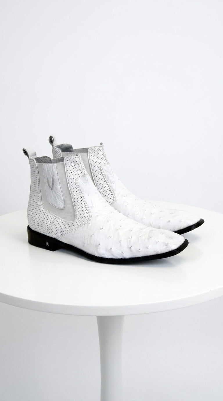 Men’s Handmade White Ostrich Chelsea Boots, Exotic Dress Ankle Boots for Formal and Western Style