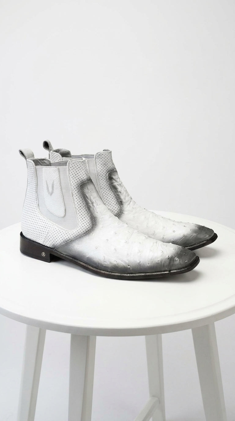 Men’s Faded White Ostrich Chelsea Boots, Exotic Dress Ankle Boots for Formal and Western Style