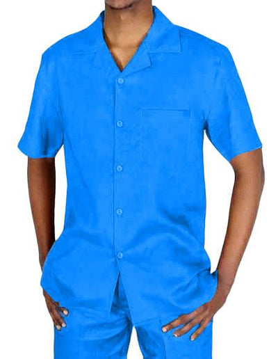 Men's Two Piece Short Sleeve Blue Linen Casual Casual Two Piece Walking Outfit For Sale Pant Sets Suit