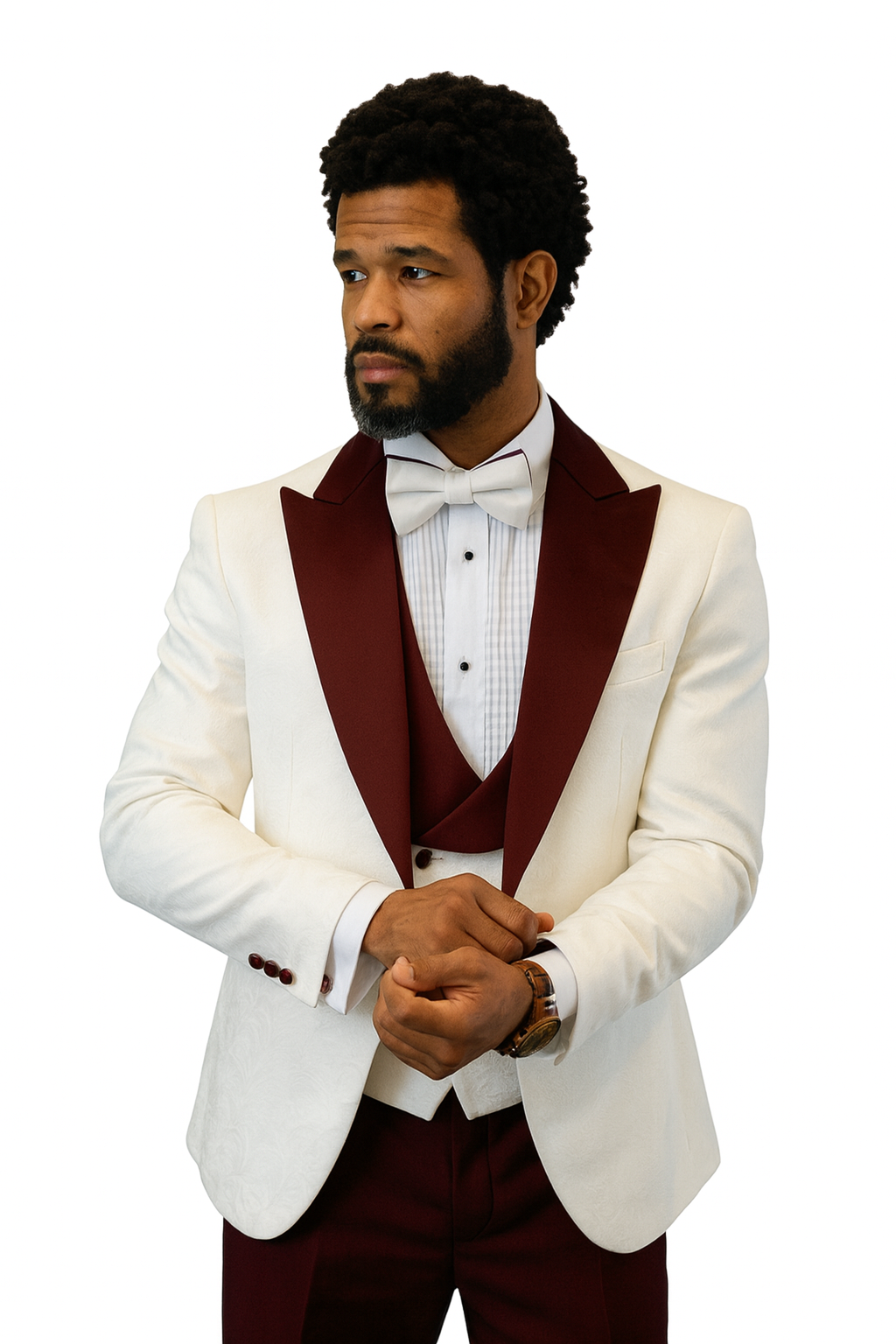 White & Burgundy Paisley Peak Lapel Tuxedo Set