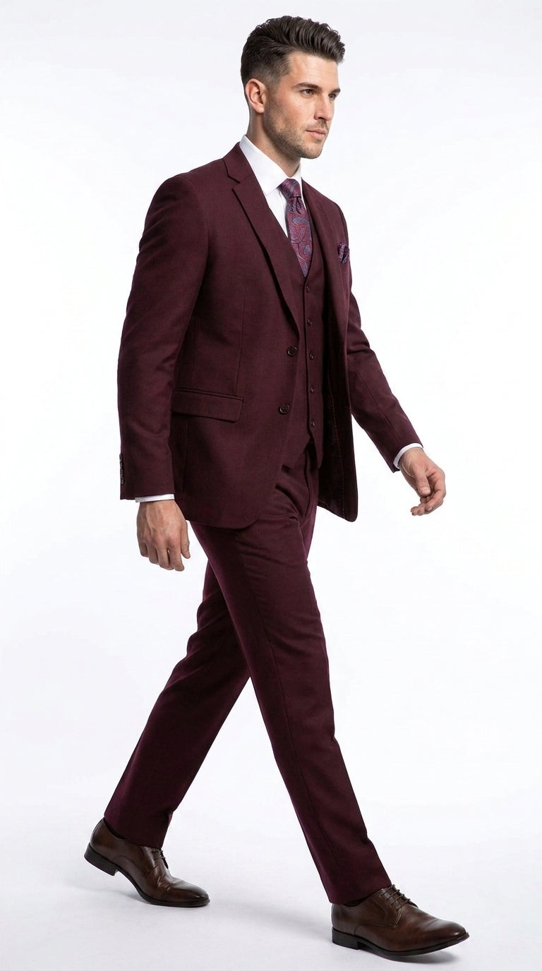 Men’s Burgundy 3-Piece Wool Suit – Regular Fit Wedding, Business and Formal Suit with Pleated Pants