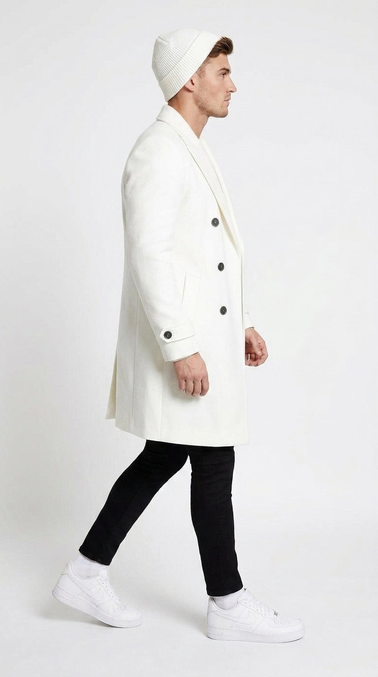 Men’s White Cashmere and Wool Double-Breasted Overcoat – Classic Car Coat for Business and Formal Wear
