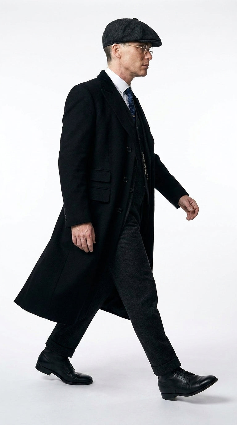 Men’s Black Peaky Blinders 3-Piece Suit with Overcoat – Thomas Shelby Inspired 1920s Gangster Outfit