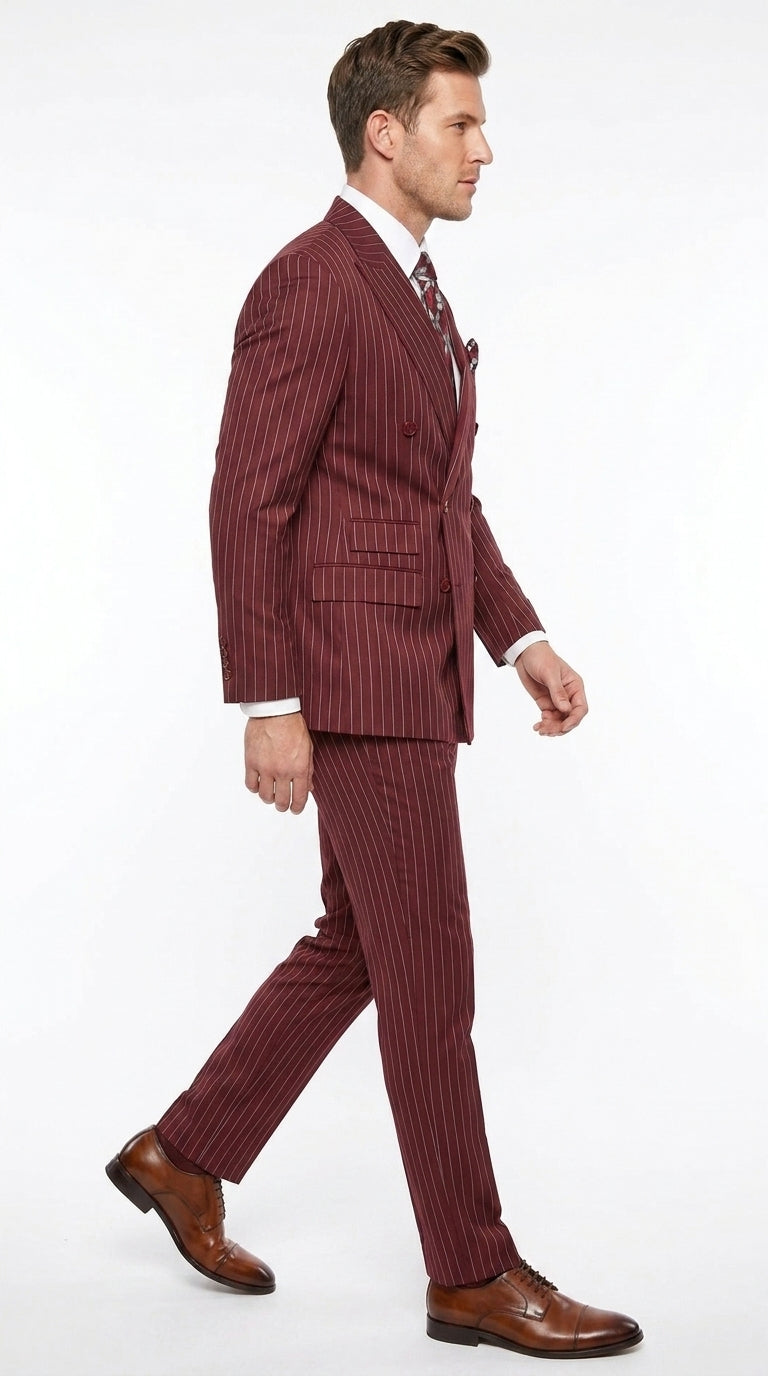 Men’s Maroon Pinstripe Double Breasted Suit, 6 Button Peak Lapel Formal Wedding Business Suit