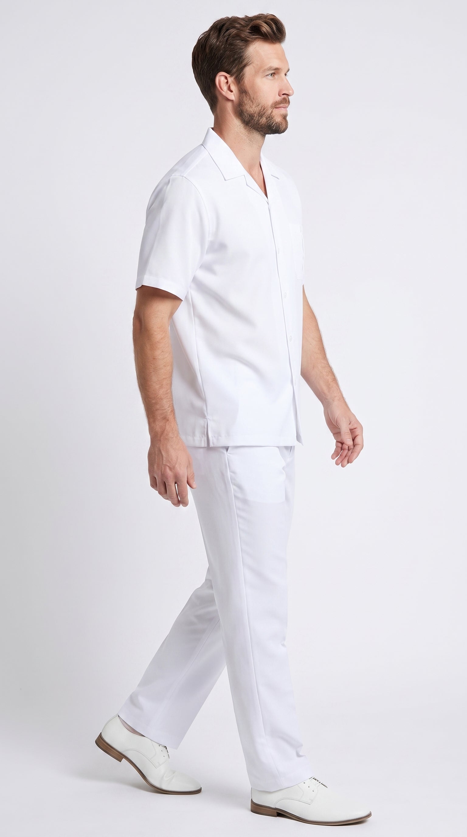 Men’s White Big and Tall Walking Suit, Short Sleeve Casual Shirt and Pants Set up to 6XL