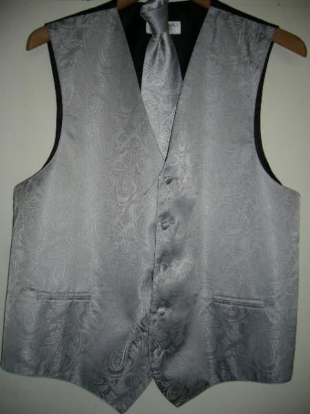 SILVER DRESS TUXEDO WEDDING Vest ~ Waistcoat ~ Waist coat & TIE SET Buy 10 of same color Tie For $25 Each - Men's Neck Ties - Mens Dress Tie - Trendy Mens Ties