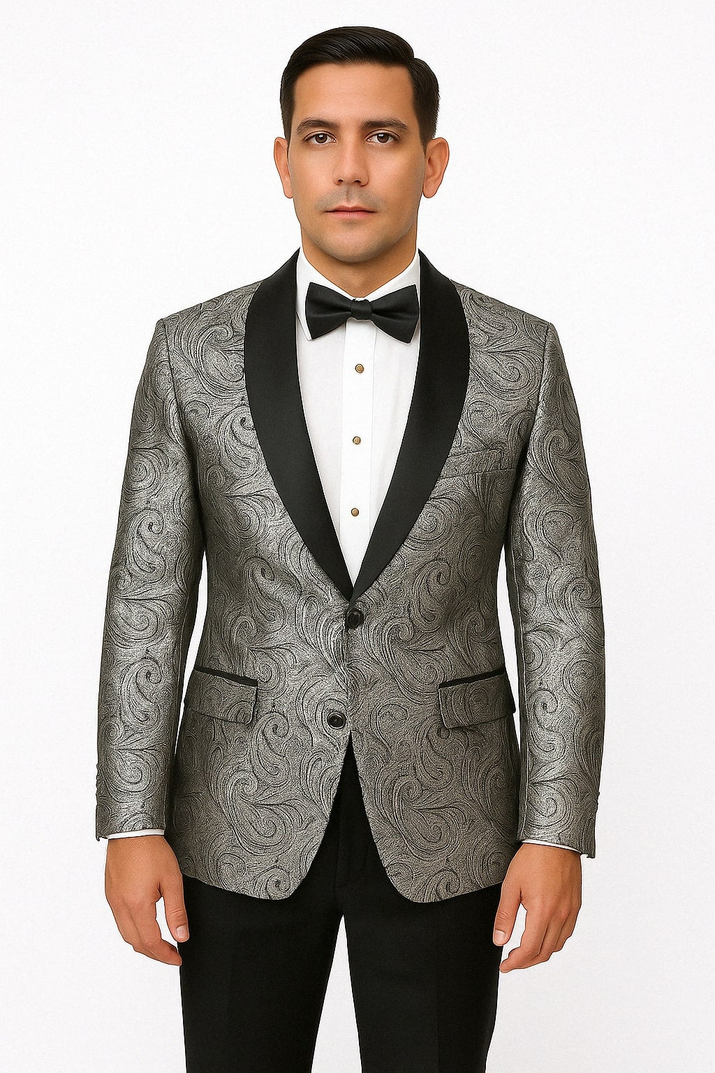 Silver & Black Paisley Tuxedo Blazer with Bow Tie