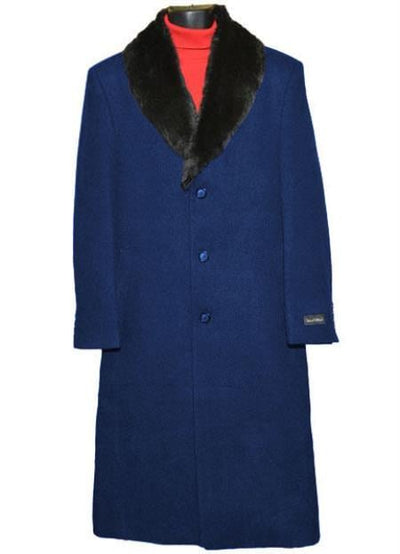 Men's Dress Coat (Removable ) Fur Collar 3 Button Full Length Overcoat ~ Long Men's Dress Topcoat - Winter coat full length Fabric Also Navy Blue