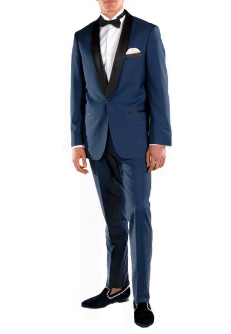 Men's Shawl Lapel 2 Piece Slim Fit Dark Navy Blue Suit For Men Tuxedo Suit Indigo ~ Bright Blue ~ Cobalt blue ~ Teal