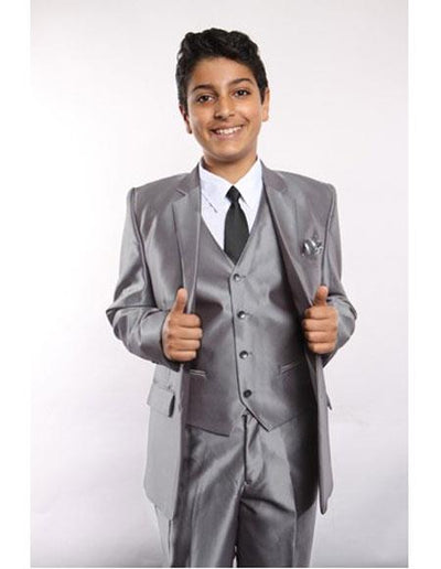 Boy's Sharkskin 5 Piece Silver Kids Sizes Suit Perfect for toddler Suit wedding attire outfits Vested w/Shirt, Tie & Hanky