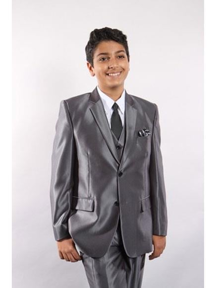 Boy's 5 Piece Kids Sizes Silver Suit Perfect for toddler Suit wedding attire outfits Vested w/ White Shirt, Tie & Hanky Stylish Sheen