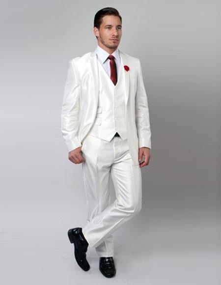 Men's Sharkskin Flashy Metallic Silky White Shiny 2 Button 3 Piece Suit Slim Fit Suit