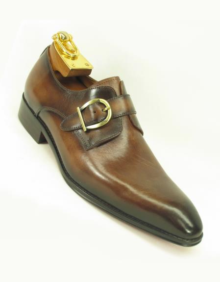 Men's Fashionable Carrucci Slip On Side Single Buckle Style Chestnut Shoes