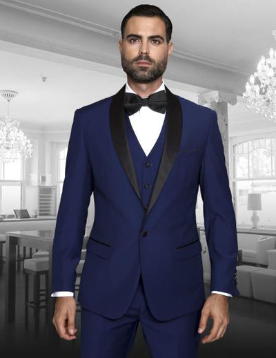 Teal Blue Indigo ~ Bright Blue Cobalt Blue (Dark Royal) Single Button Vested Black Lapel Two Toned Blue Tuxedo Shawl Collar