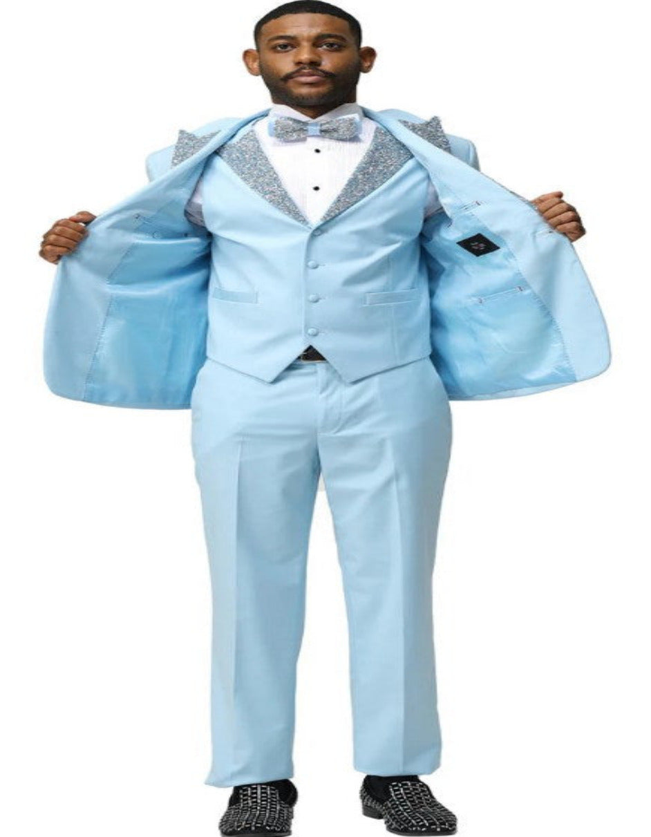 Sky Blue Prom Tuxedo Vested with Rhinestone Lapel