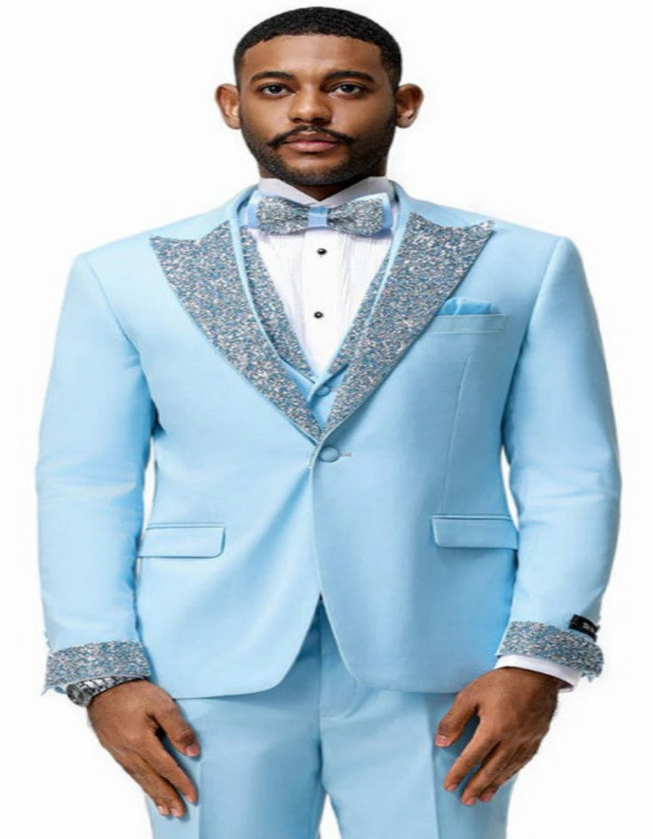 Sky Blue Prom Tuxedo Vested with Rhinestone Lapel