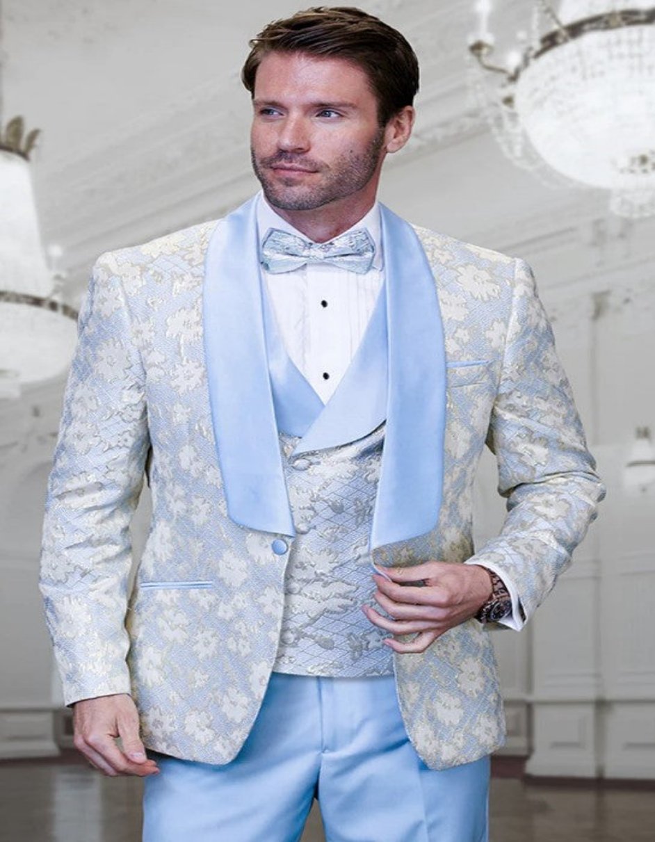Sky Blue & Gold Floral Paisley Prom Suit