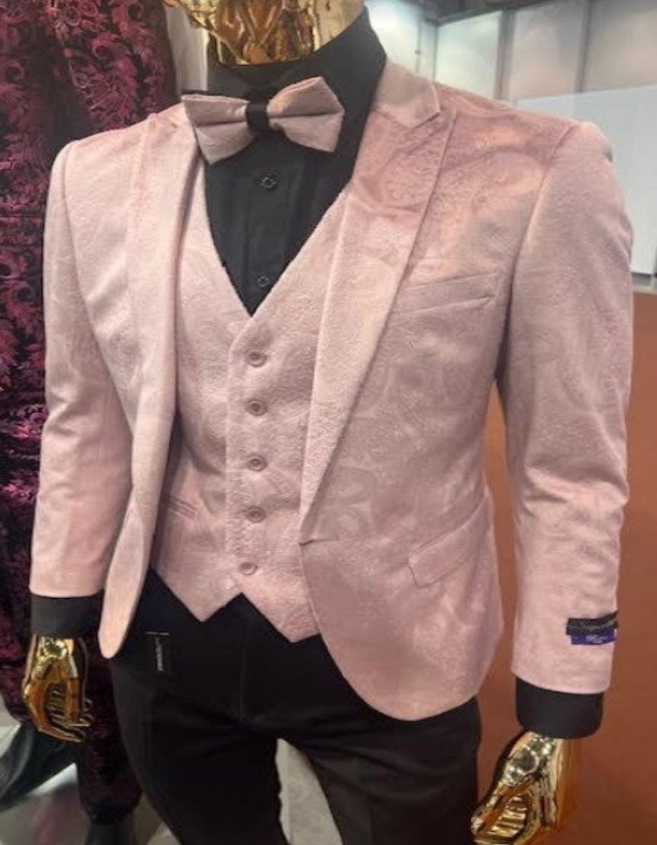 Pink Paisley Slim Fit Prom Suit with Bowtie Vest