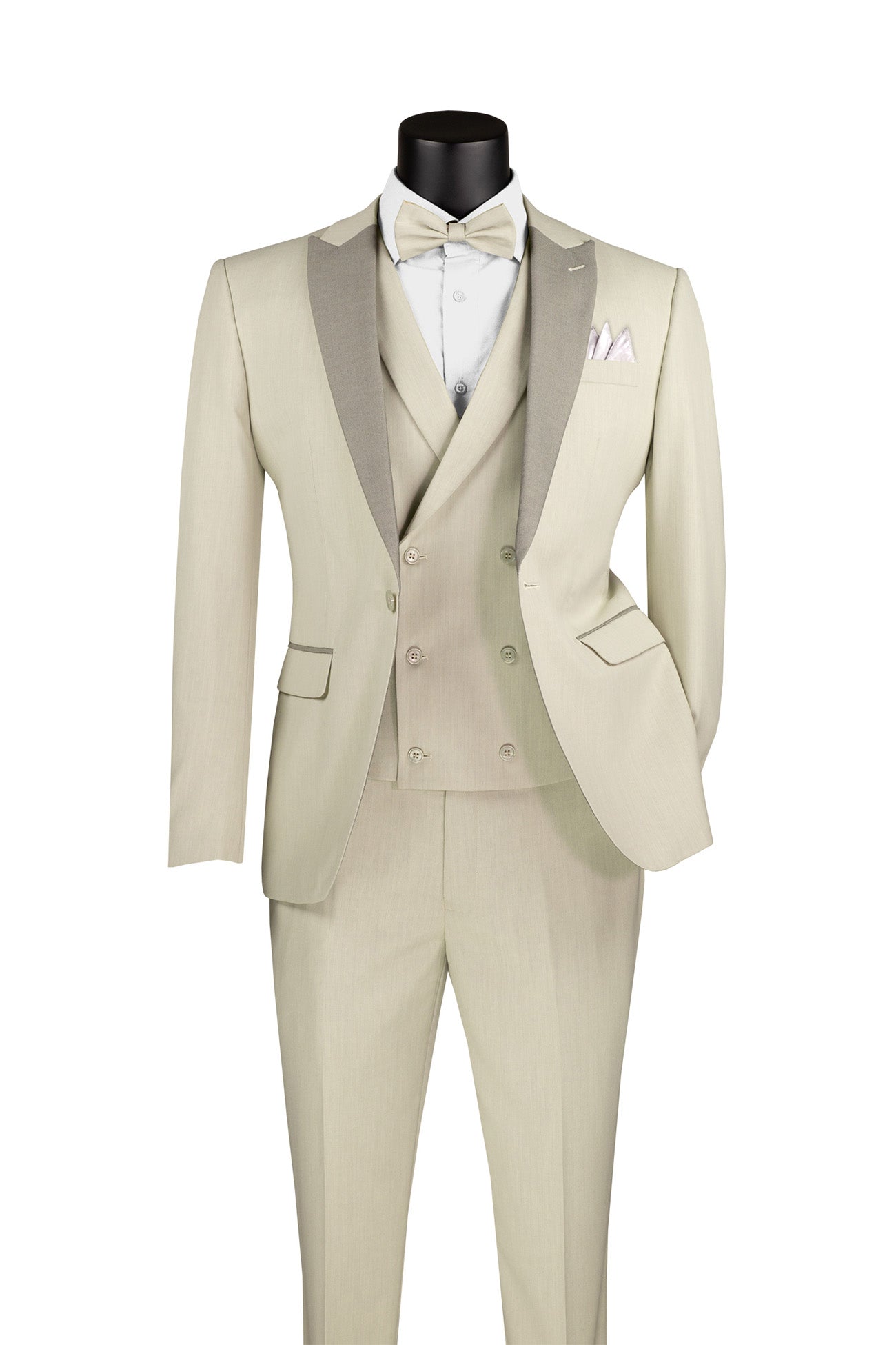 Slim Fit Ecru 3 Piece Tuxedo with Bow Tie