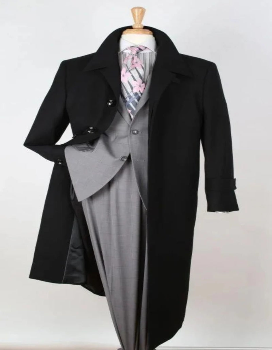 Black Wool Gabardine Belted Duster Overcoat