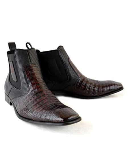 Men's Square Toe Black Cherry Leather Original Crocodile Skin Short Boots