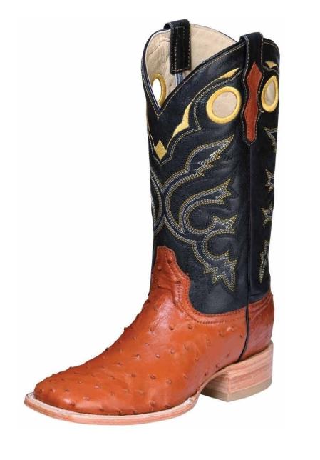 Men's Leather El General Full Quill Ostrich Skin Cognac Square Toe Handmade Dress Cowboy Boot Cheap Priced For Sale Online - Botas De Avestruz