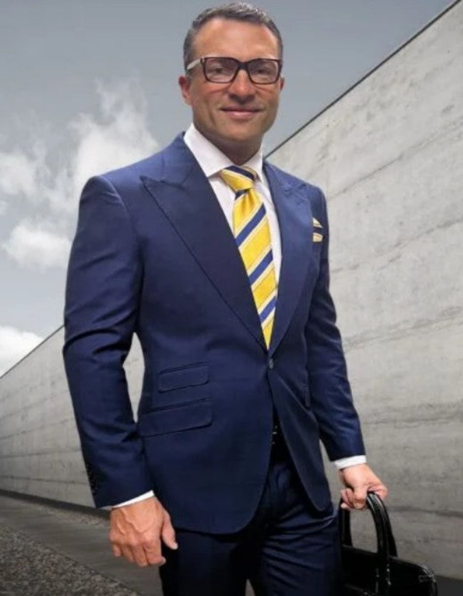 Modern Blue Wool Suit with Peak Lapel