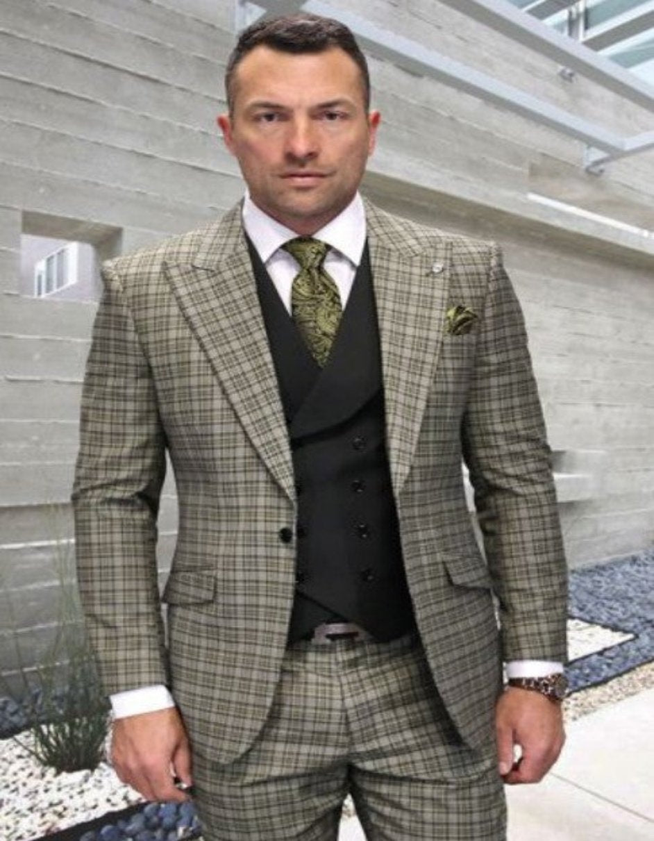 Peak Lapel Wool Suit with Ticket Pocket - Olive