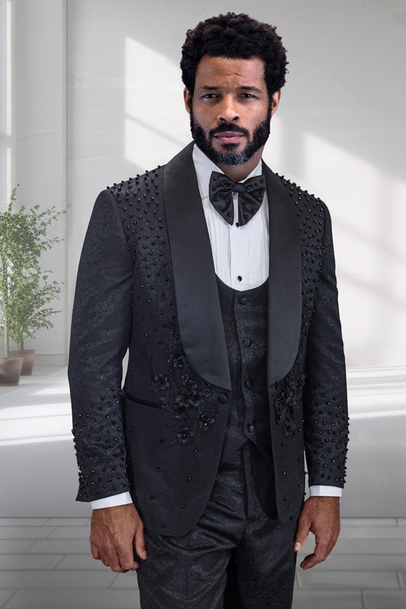 Men's Designer High Fashion Vested Studded Floral Paisley Prom & Wedding Tuxedo in Black