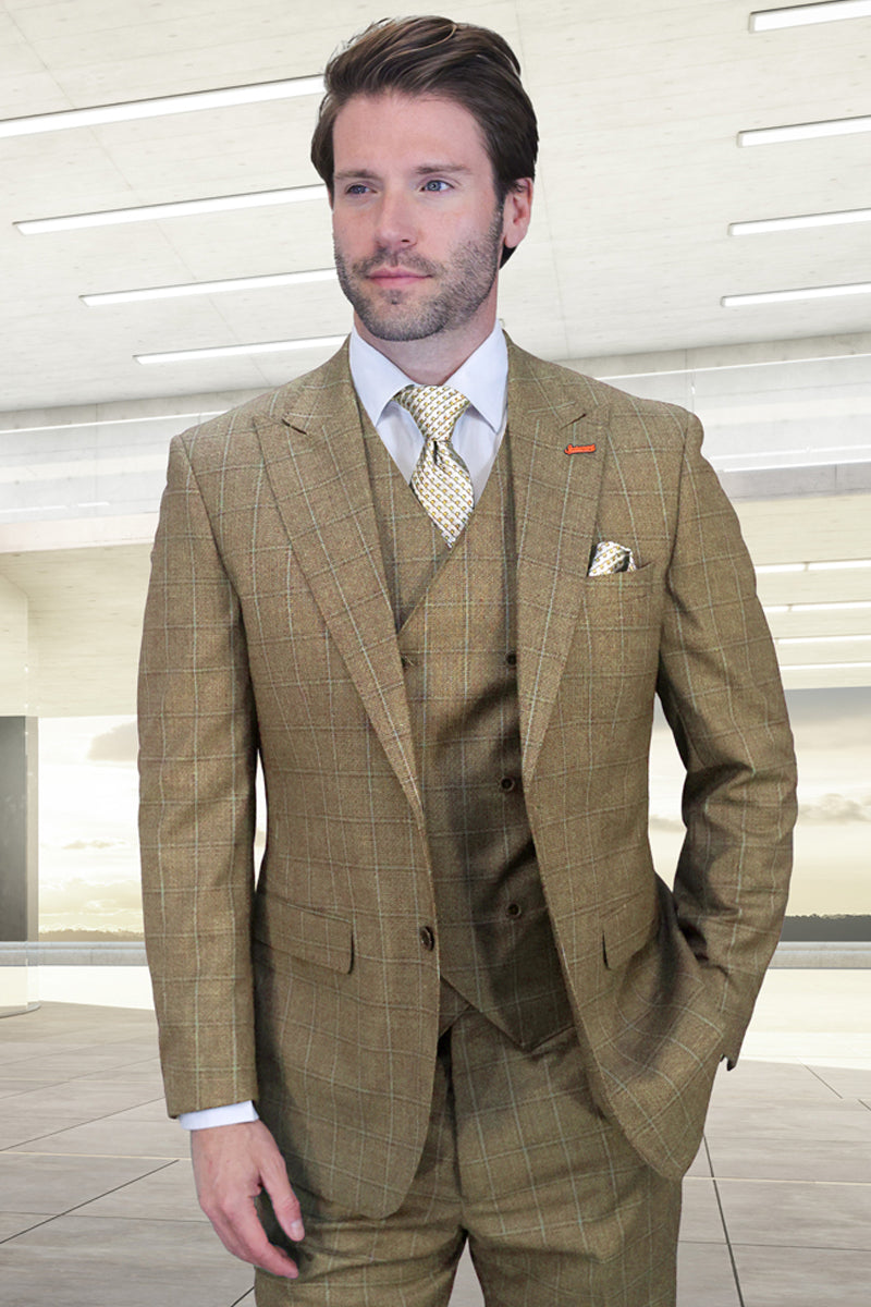Men's Designer Vested One Button Peak Lapel Wool Suit in Tan Windowpane Plaid