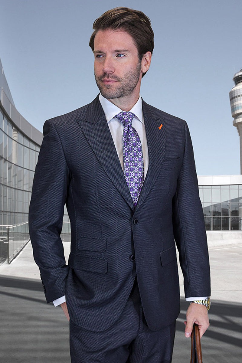 Men's Designer Two Button Peak Lapel Wool Suit in Dark Grey Windowpane Plaid