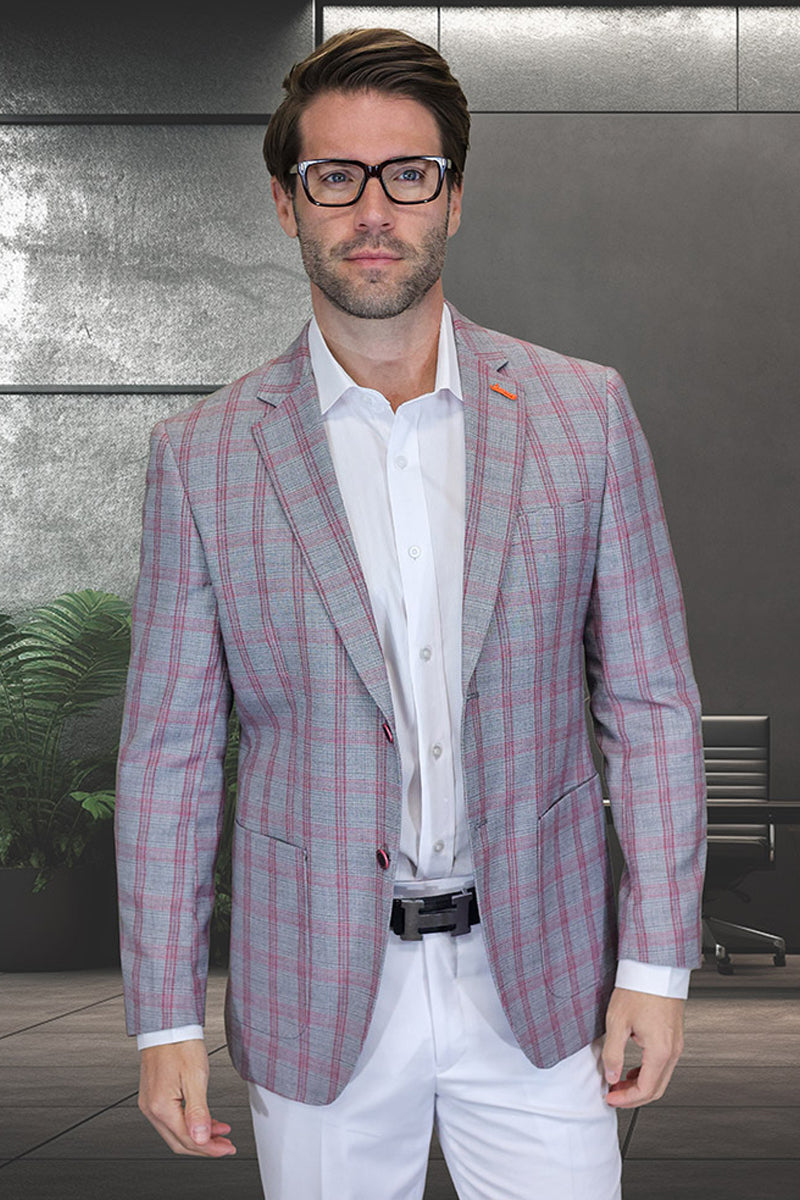 Men's Modern Fit Patch Pocket Designer Wool Summer Blazer in Grey Plaid