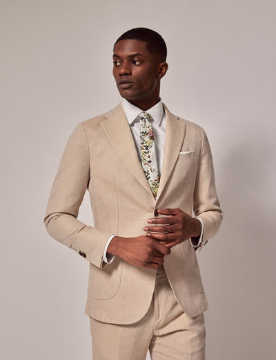 Mens Linen Slim Suit - Stone