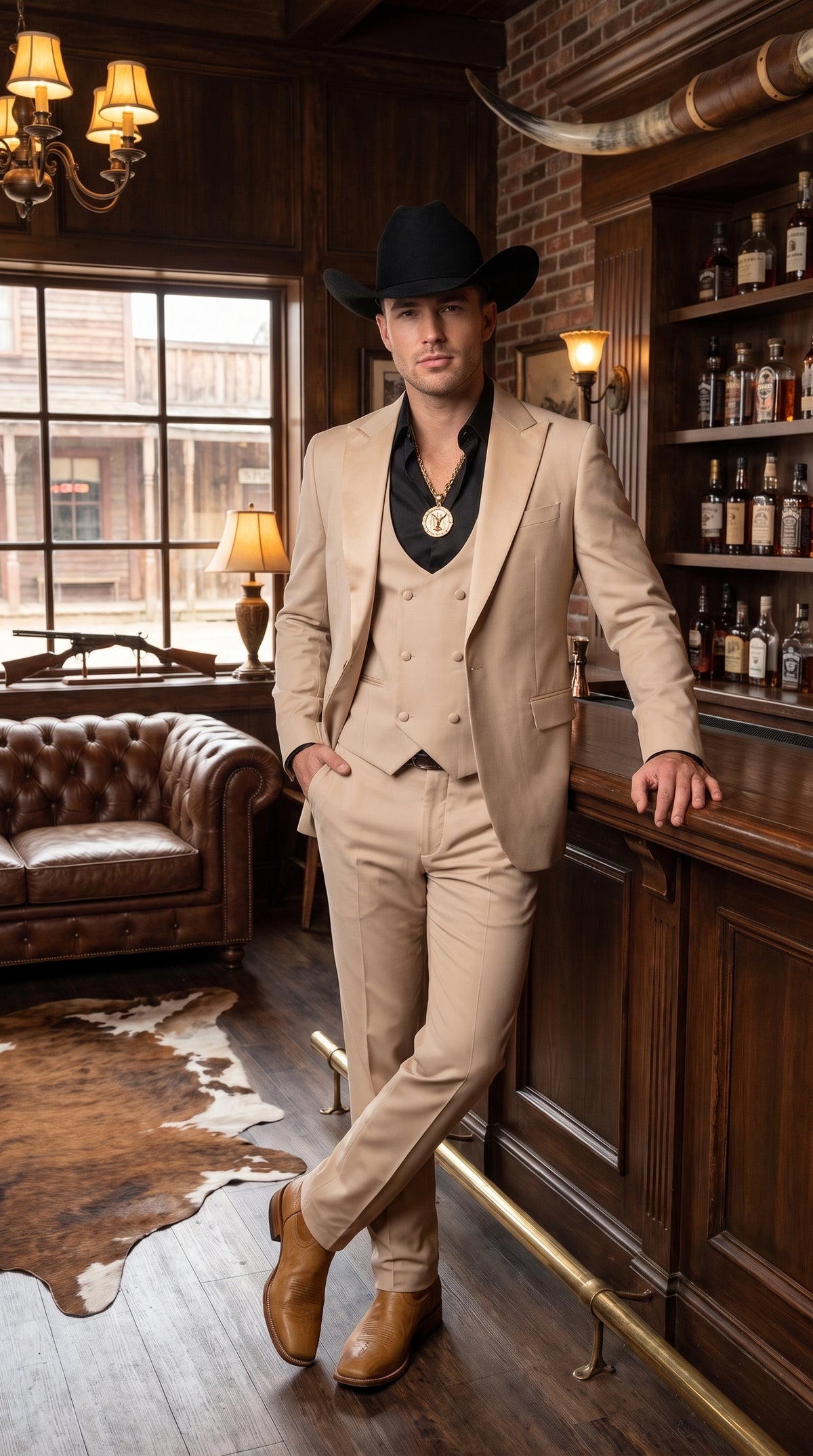 Men’s Light Beige Western 3 Piece Suit, Cowboy Tuxedo with Shawl Lapel Formal Wedding Outfit