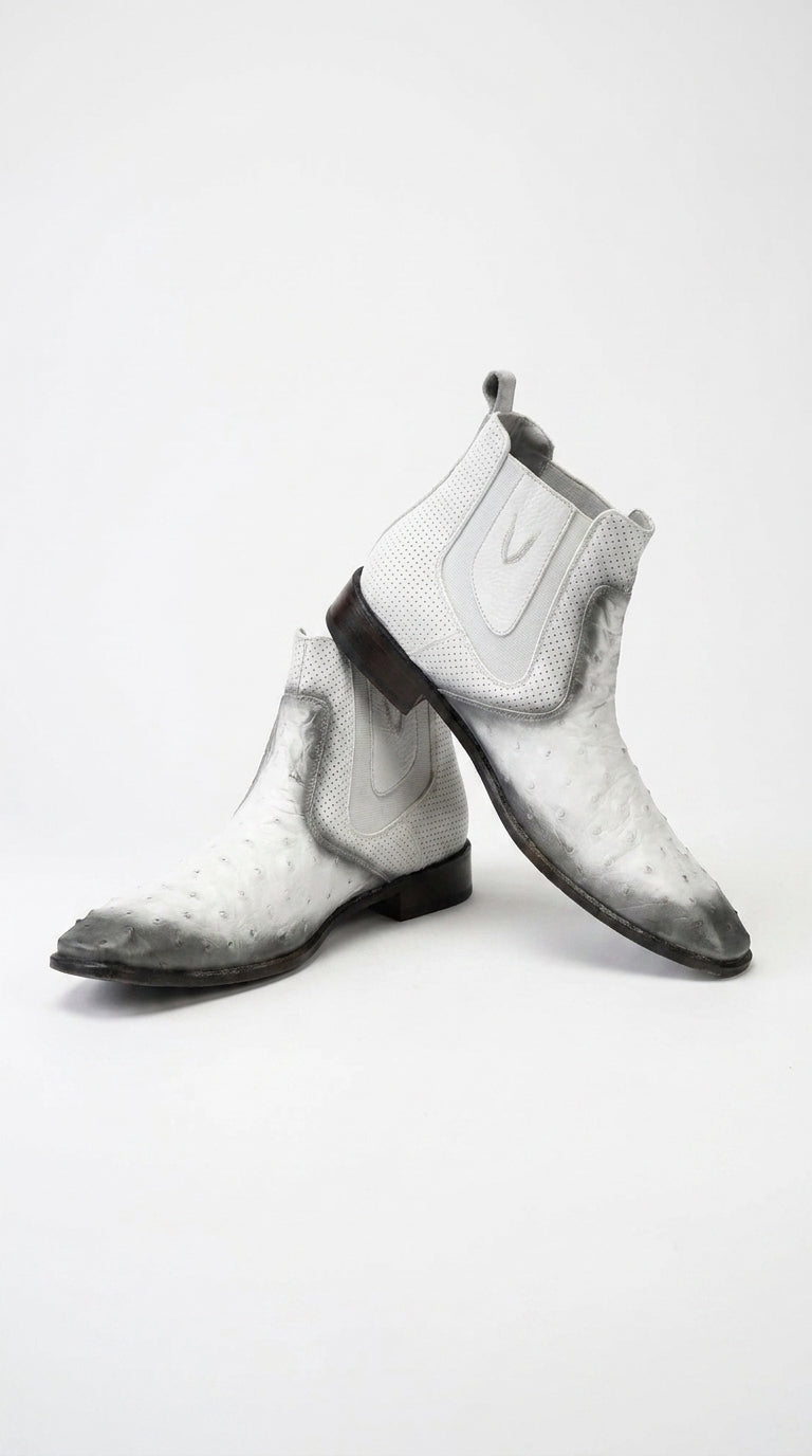 Men’s Faded White Ostrich Chelsea Boots, Exotic Dress Ankle Boots for Formal and Western Style