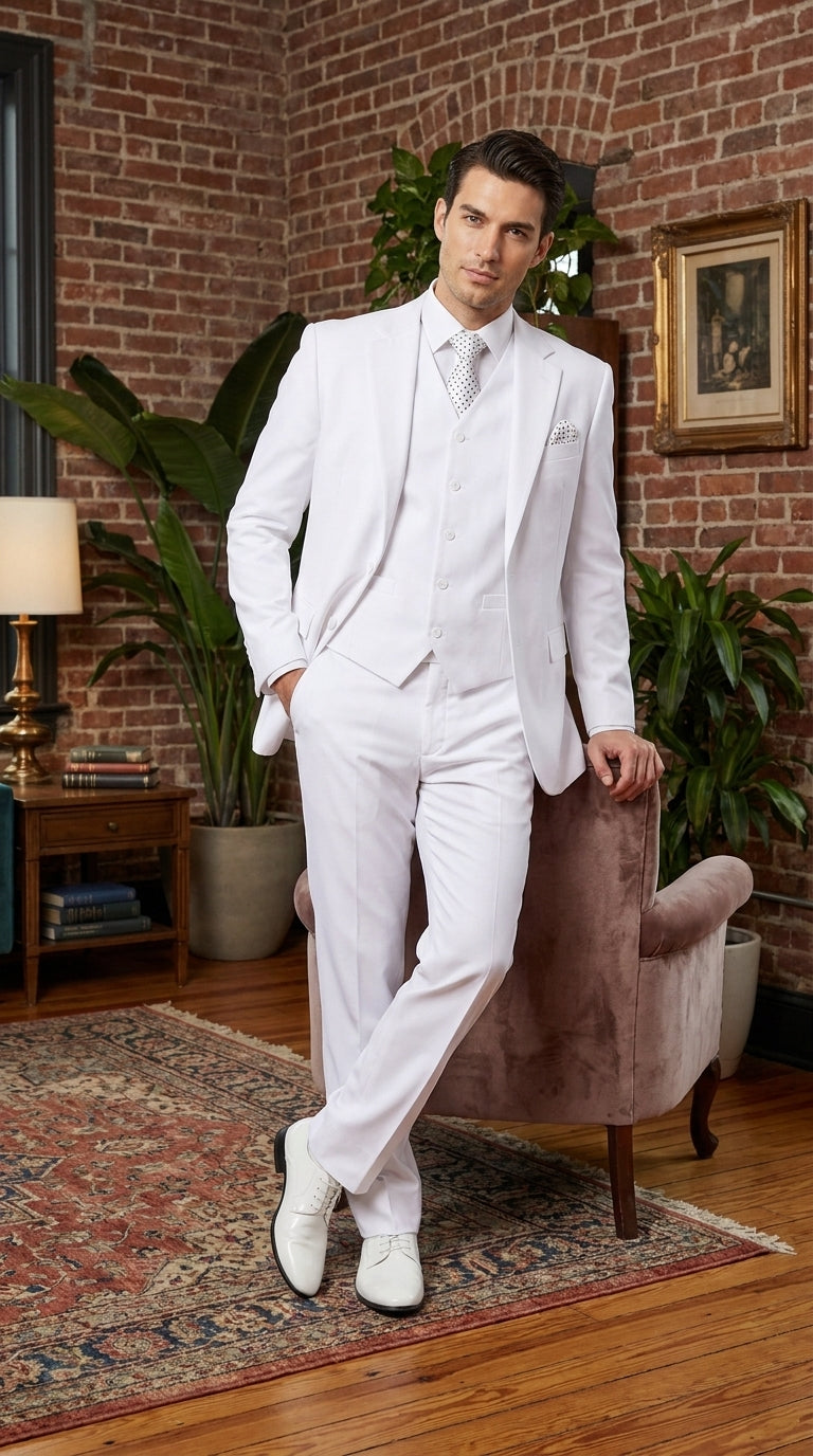 Men’s White 2 Button Wedding Suit, Modern Vested Formal Groom Prom Dress Suit