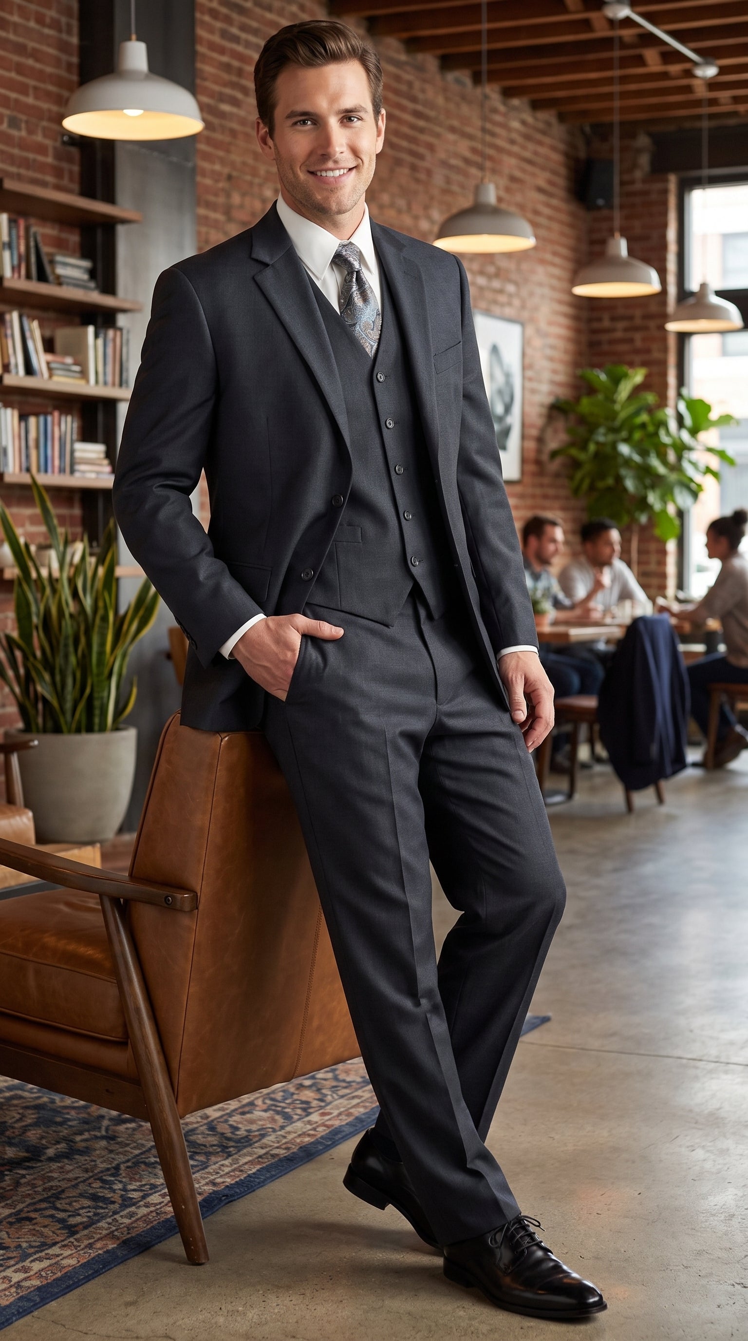 Men’s Charcoal 3 Piece Super 150s Italian Fabric Suit, 2 Button Classic Formal Dress Suit