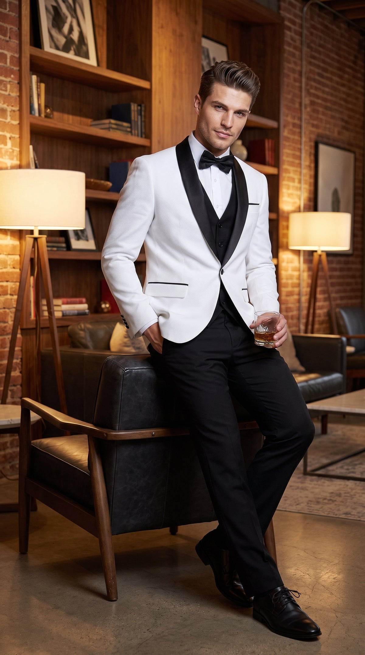 Men’s White Sharkskin Shawl Lapel Tuxedo, Black Trim Formal Wedding Prom Suit