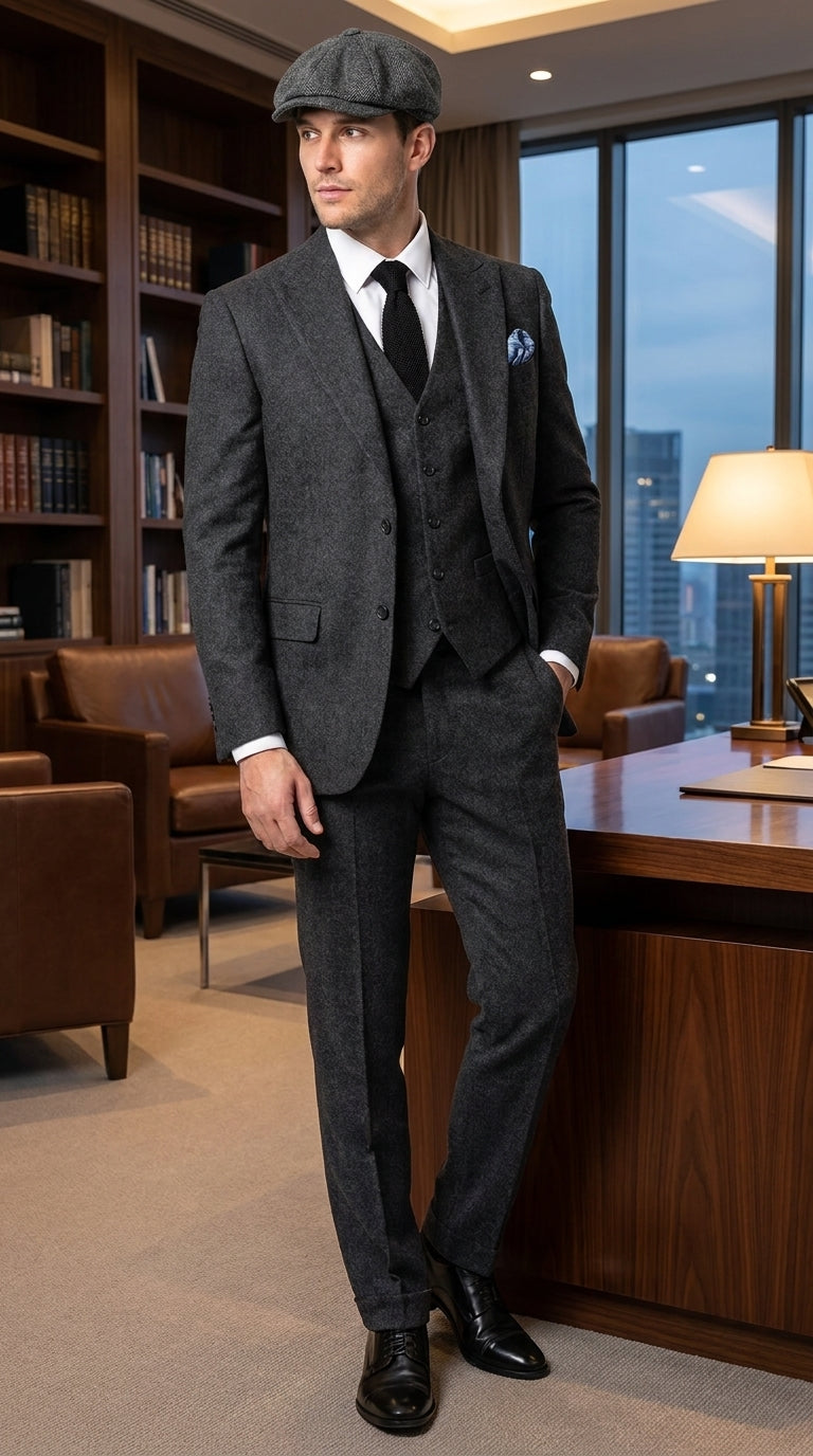 Men’s Heritage Charcoal Tweed 3 Piece Suit, Peaky Blinders Inspired Classic Formal Dress Suit
