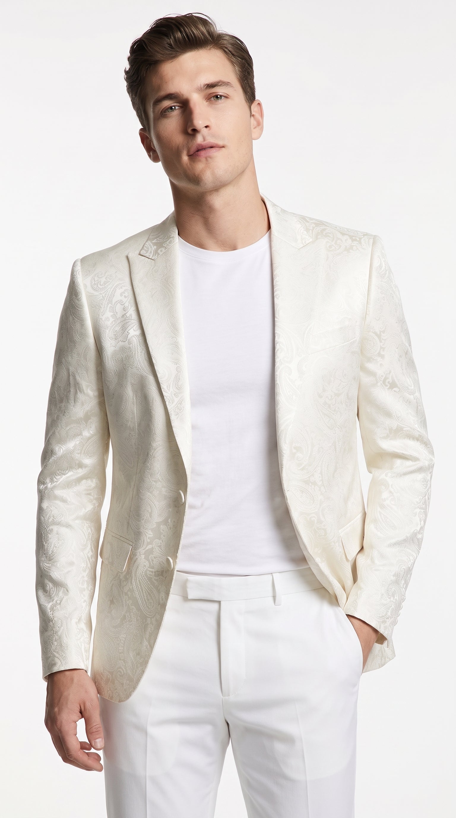 Men’s Off White Paisley Pattern Party Blazer, 1 Button Fancy Formal Suit Jacket