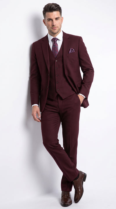 Men’s Burgundy 3-Piece Wool Suit – Regular Fit Wedding, Business and Formal Suit with Pleated Pants