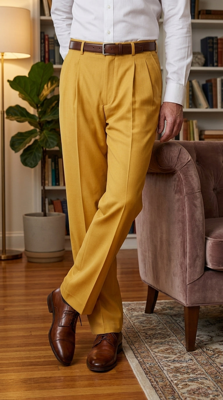 Men’s Gold Pleated Dress Pants, Formal Slacks for Church, Wedding and Special Events