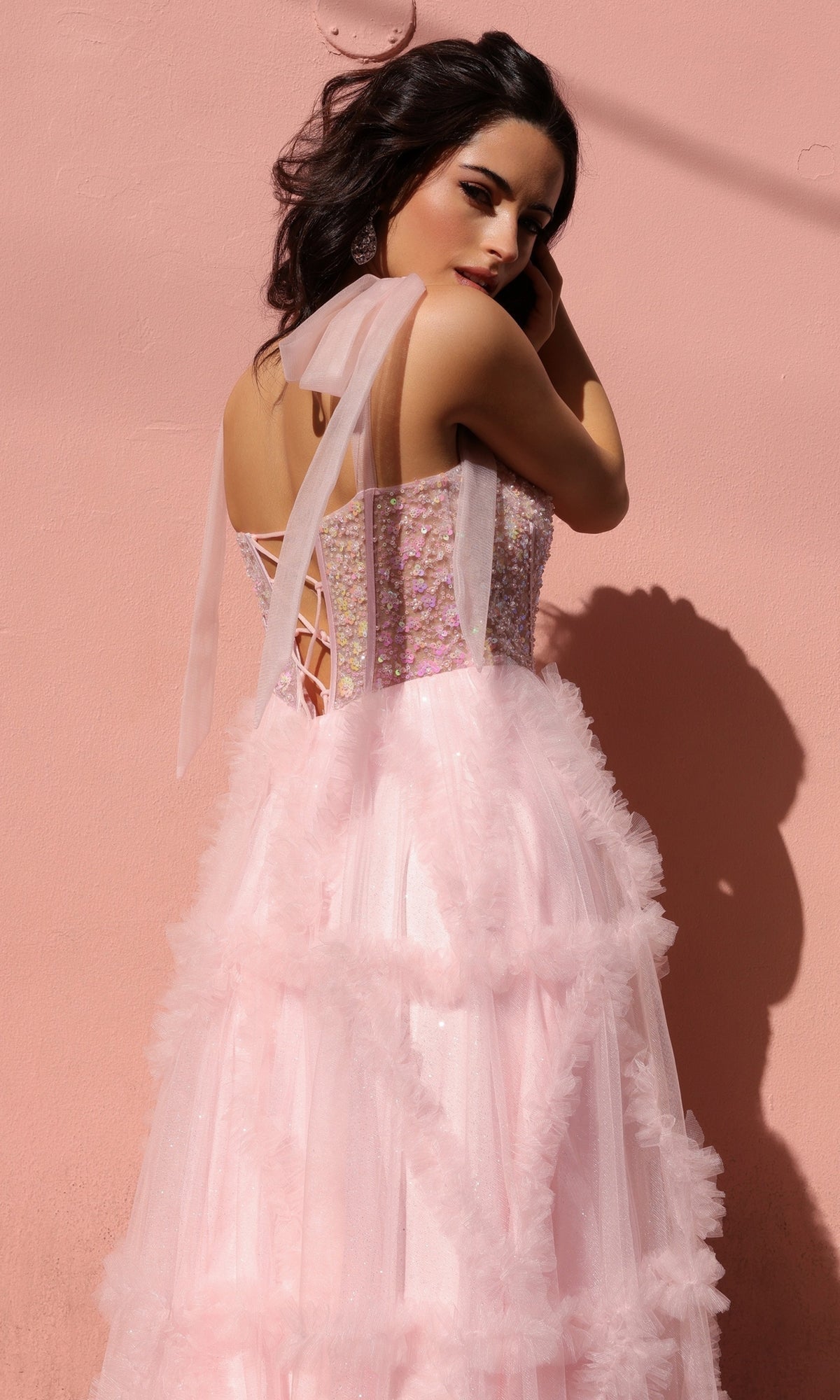 Nox Anabel T1340 Shoulder-Bows Long Ruffled Prom Gown