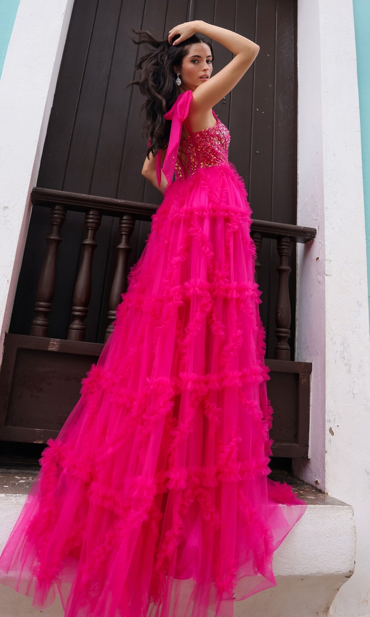 Nox Anabel T1340 Shoulder-Bows Long Ruffled Prom Gown