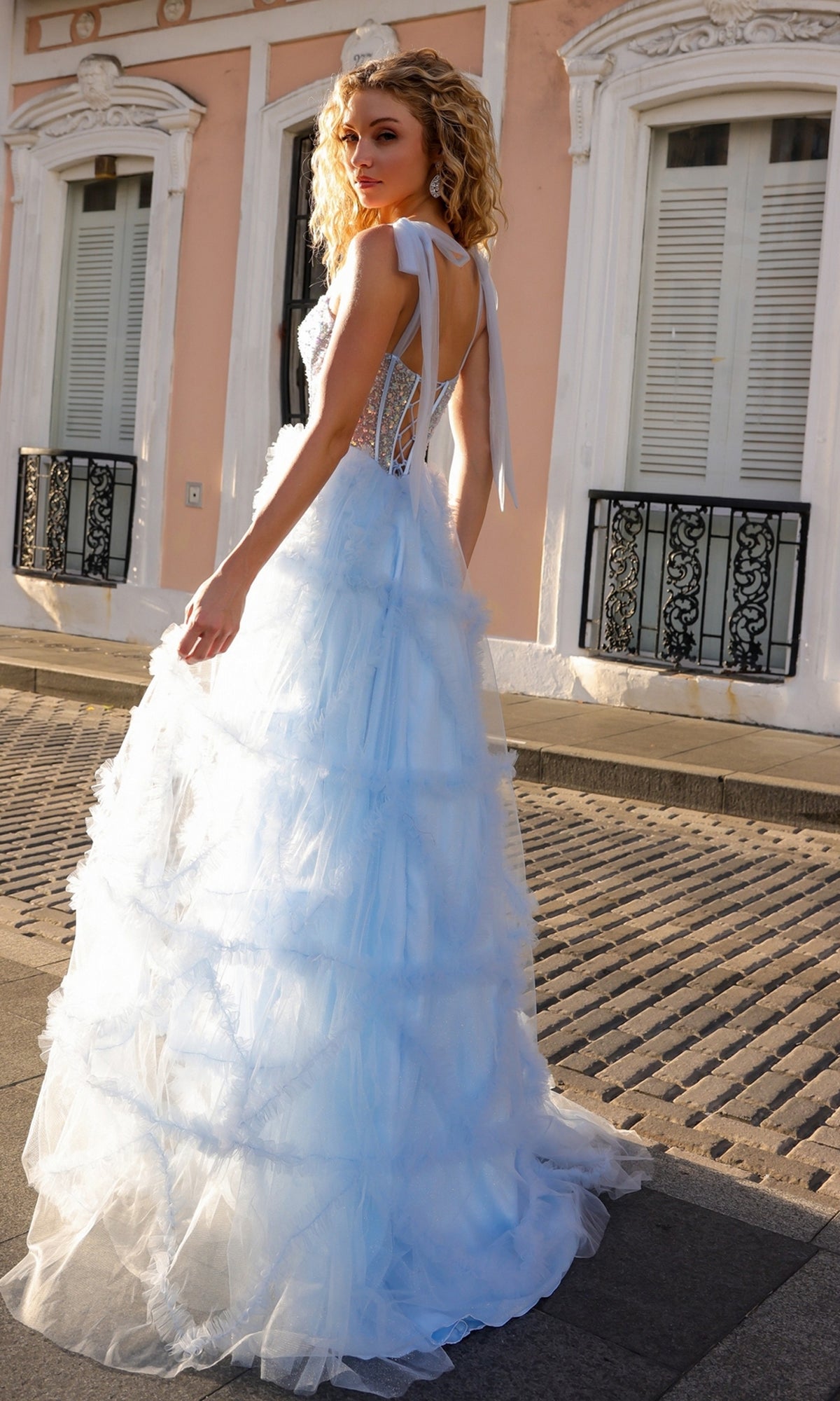 Nox Anabel T1340 Shoulder-Bows Long Ruffled Prom Gown
