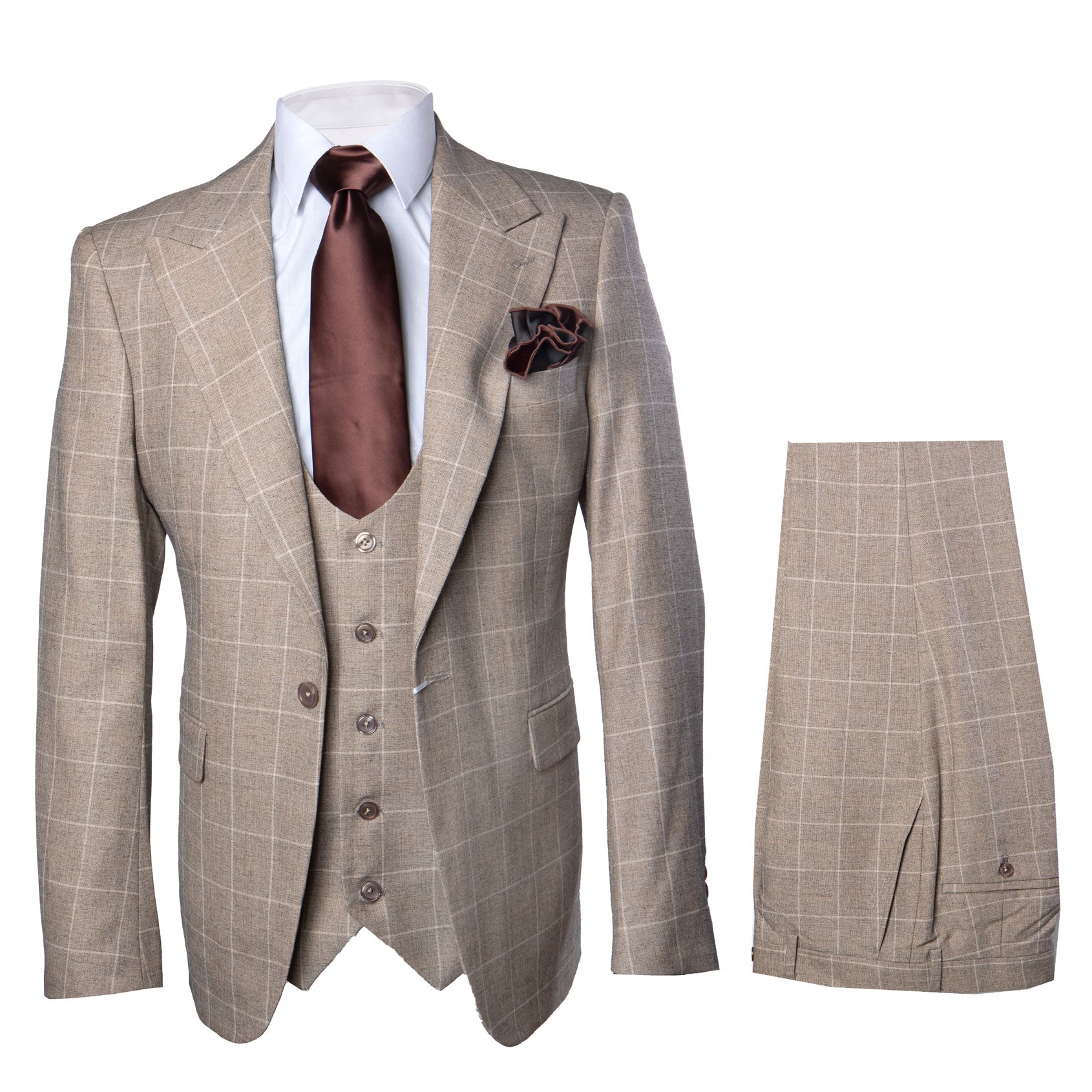 ROSSI MAN TOM RM1852 Brown Windowpane 3 Piece Suit