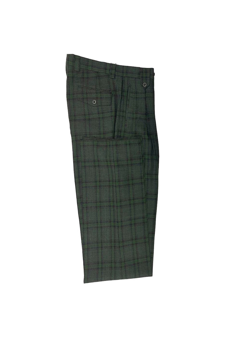Sage Green Windowpane Wool Wide Leg Pants by Tiglio Luxe