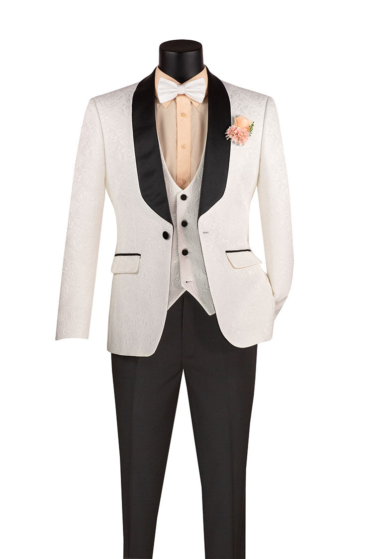 Slim Fit White Jacquard 3 Piece Tuxedo