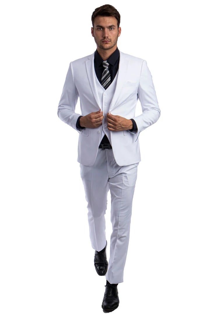 White Slim Fit Two Button Vested Suit for Men