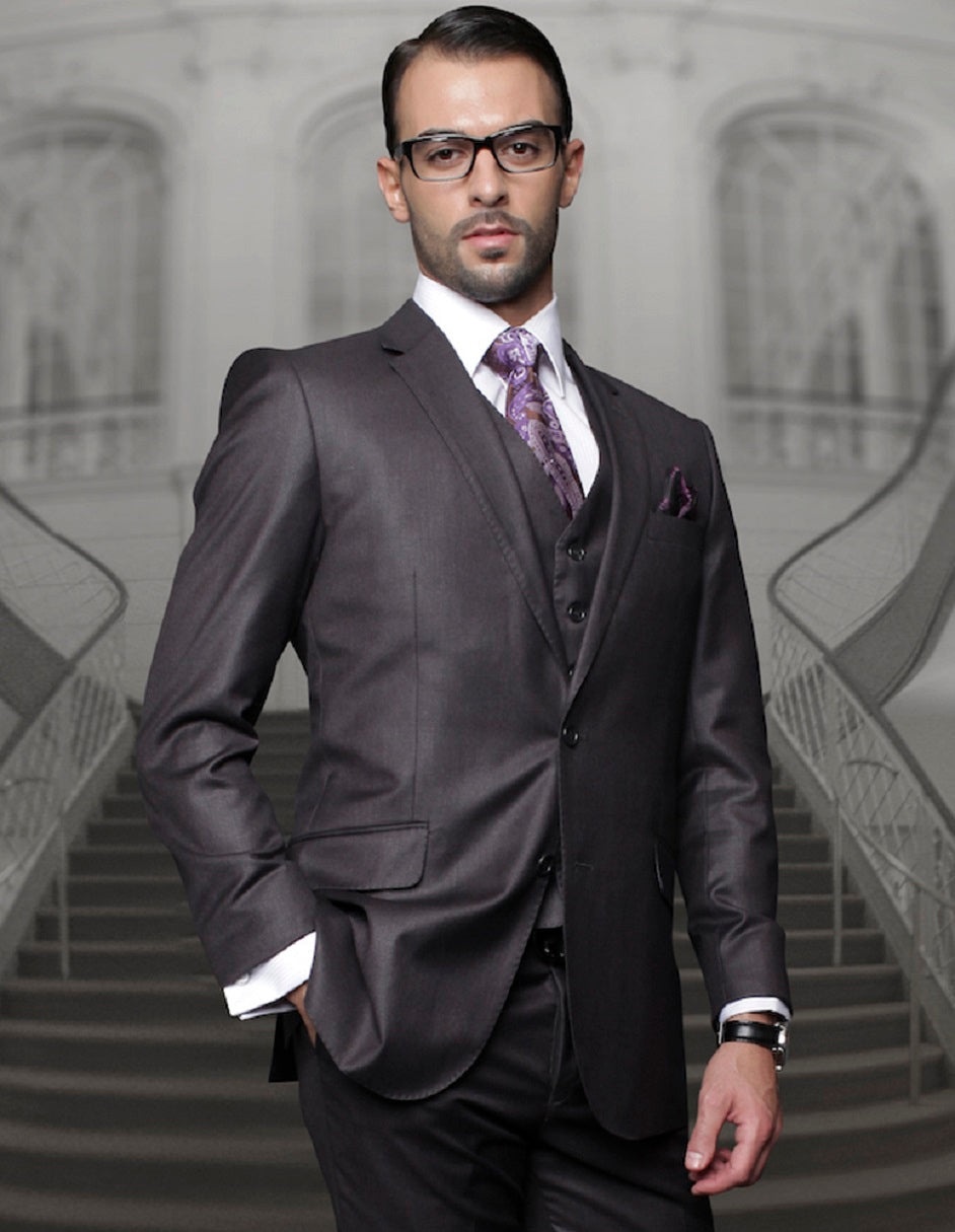 Mens Charcoal Wool Classic Fit Suit with Pleated Pants